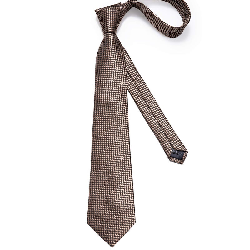 DiBanGu Plaid Ties for Men Silk Checkered Necktie and Pocket Square Cufflinks Tie Clip Set with Gift Box for Wedding Business, Brown - Image 4